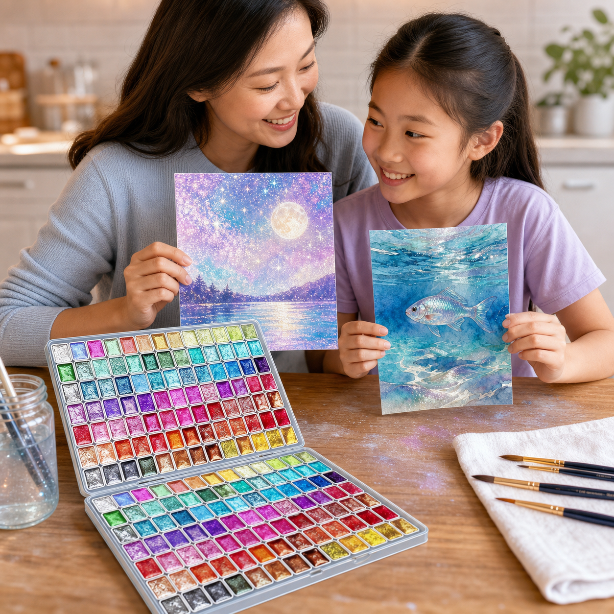 Parent and child sharing finished shimmering paintings beside a metallic palette