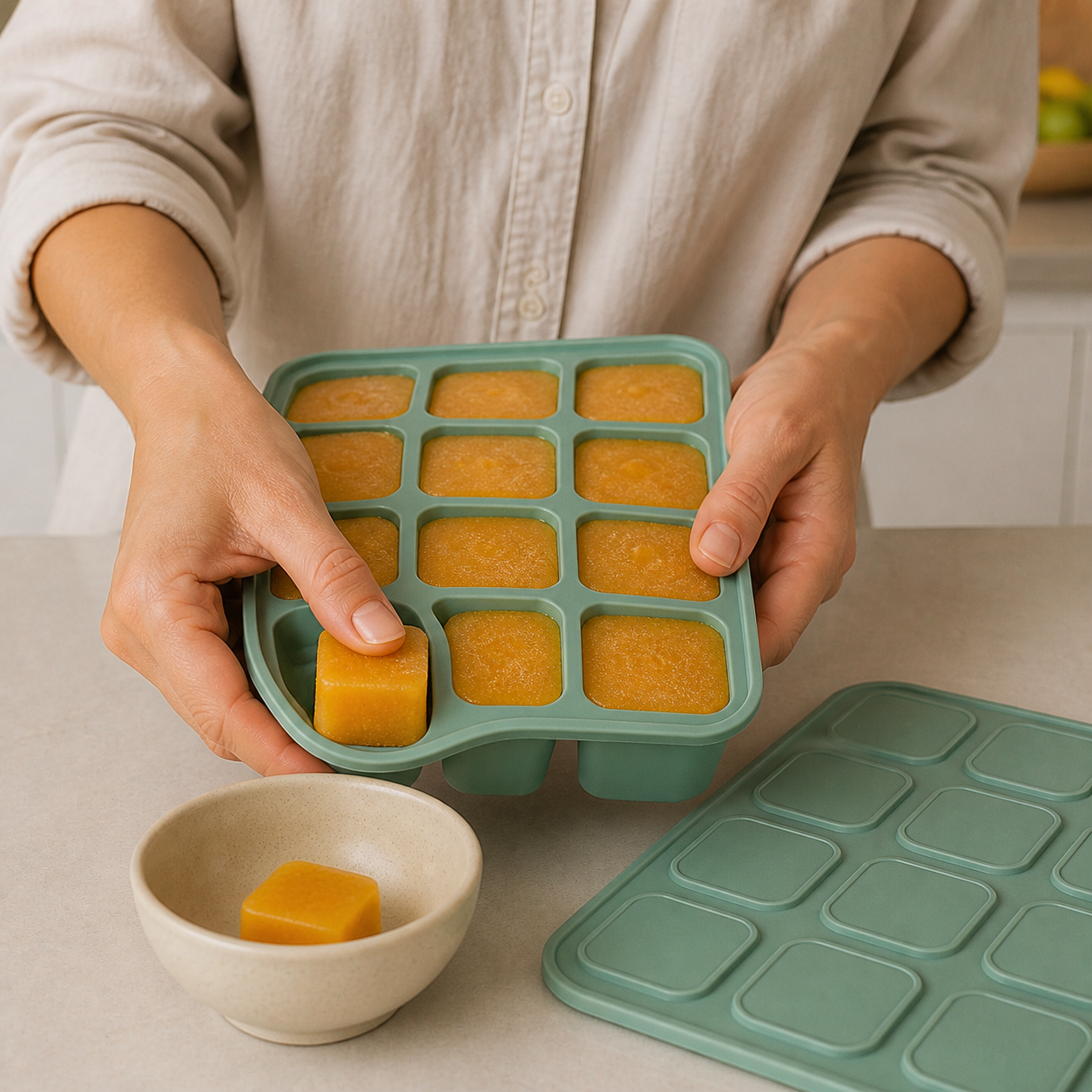 Adult flexing a sage silicone freezer tray to release one puree portion into a bowl