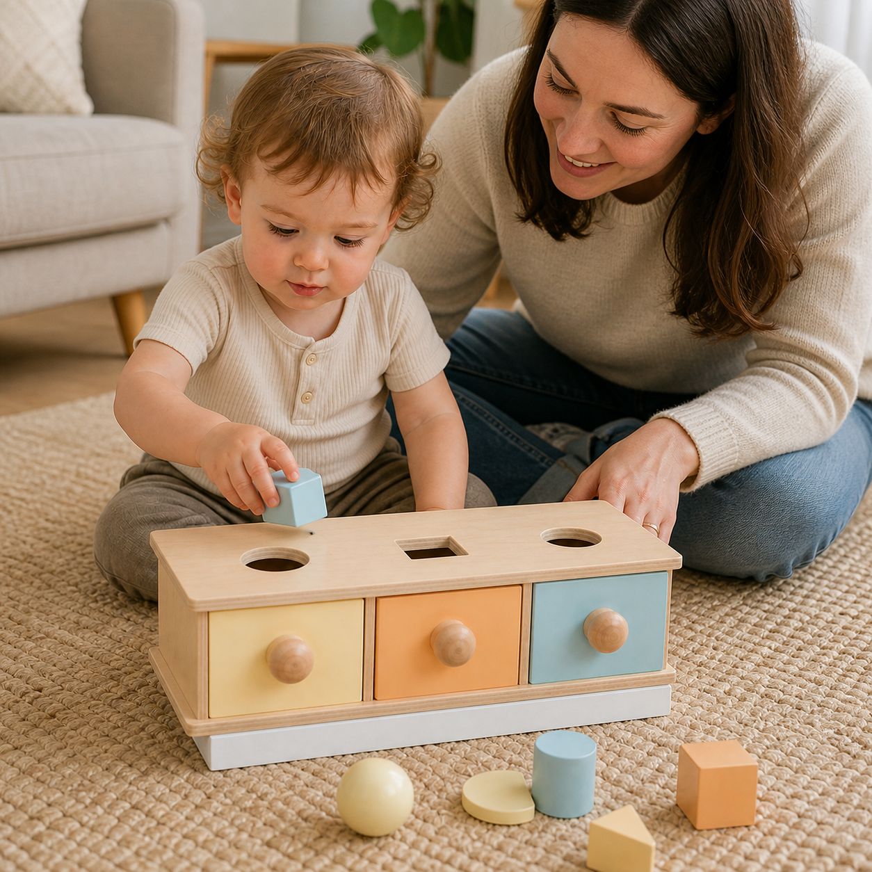 Play Kit Montessori Object Permanence Box Coin Carrot — calm floor-play routine with the exact box and pieces arranged within easy reach