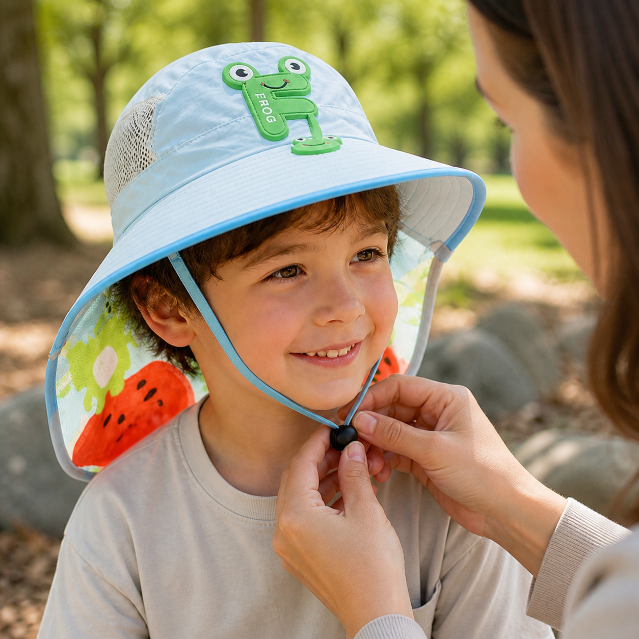 Parent loosely adjusting the black toggle on the blue frog sun hat chin cord
