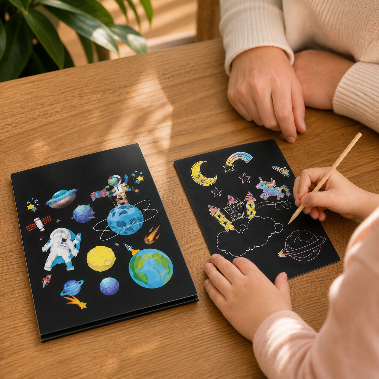 Child using the Magic Rainbow scratch-art cards at a warm family craft table