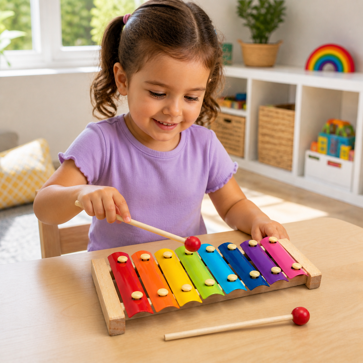 Preschool child playing the selected eight-bar rainbow wooden xylophone at a table under adult supervision