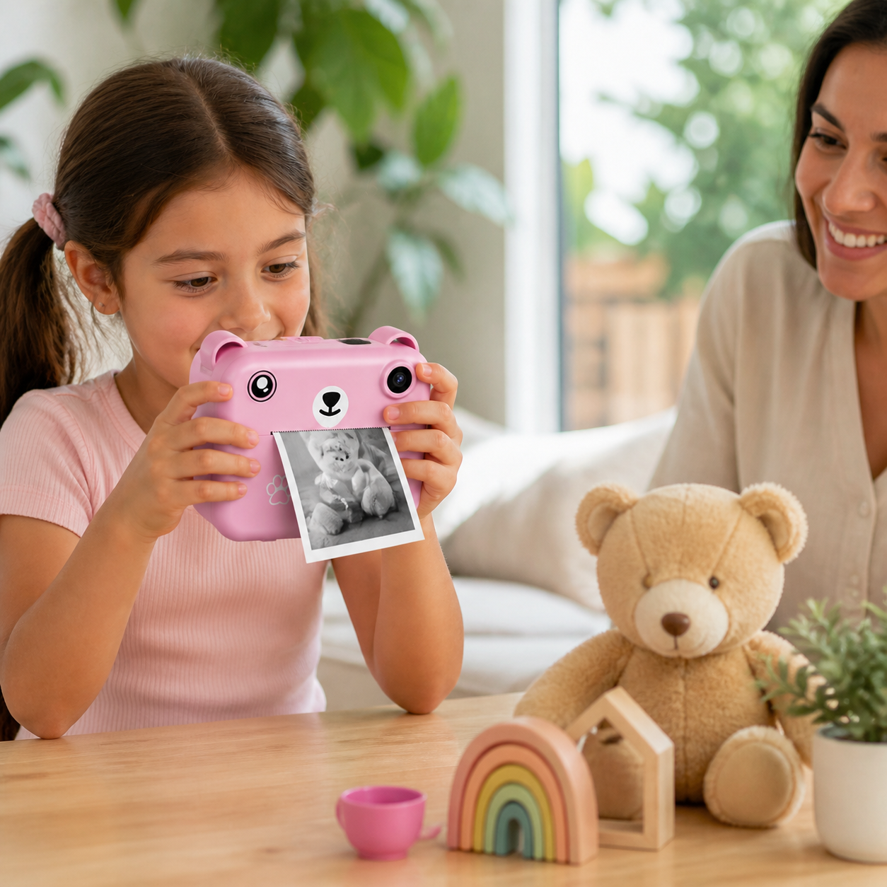 Child using the pink instant-print digital camera with adult supervision at home
