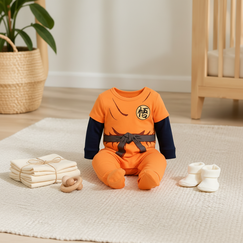 Lifestyle detail of the orange animal-print newborn romper in a softly lit nursery