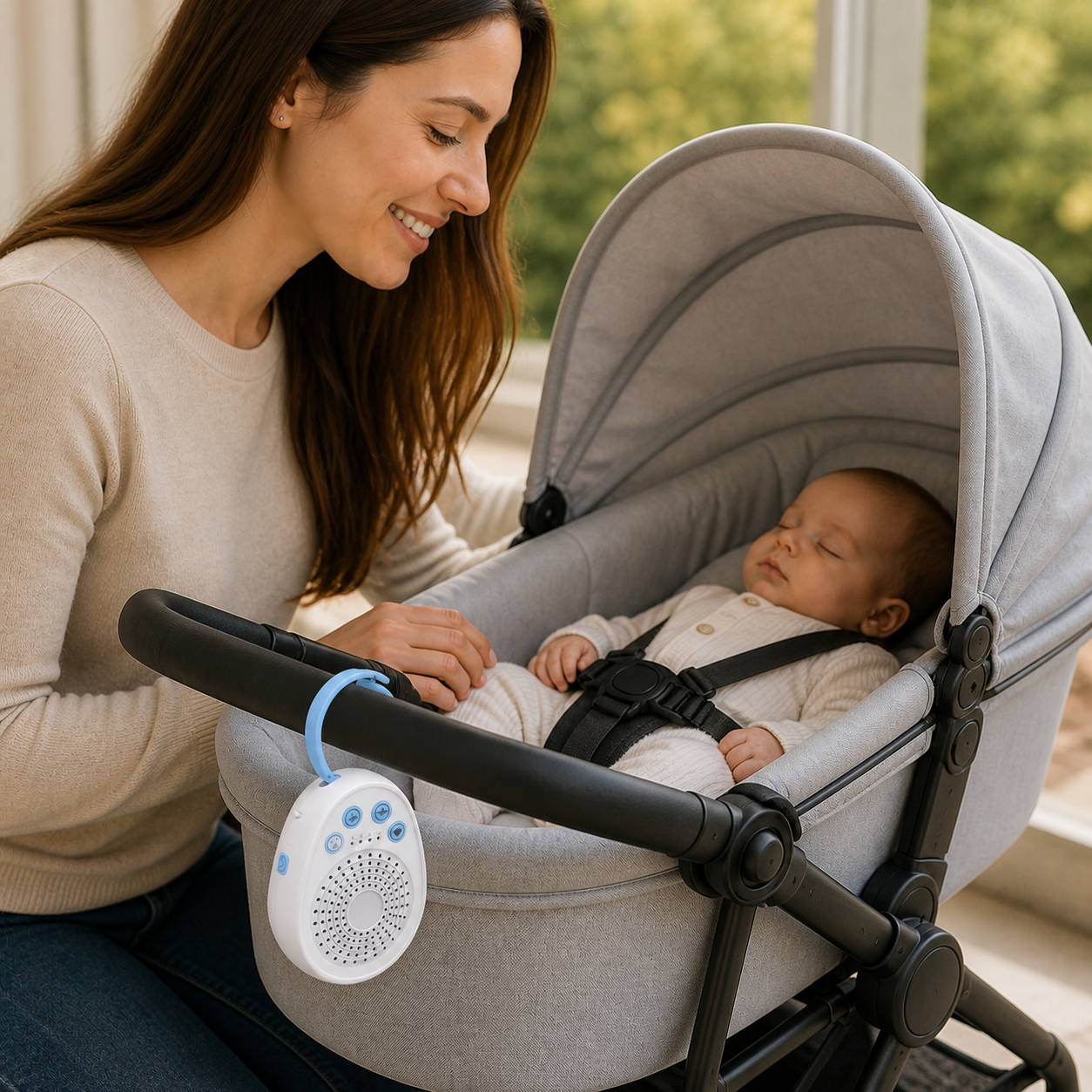 Baby White Noise Machine Sleep Minutes Soothing Sounds — portable machine attached to the outside of a stroller or bassinet frame beyond reach during a supervised quiet stop