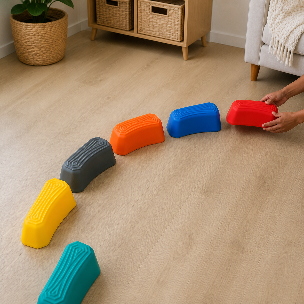 Parent rearranging teal yellow gray orange blue and red curved balance pieces