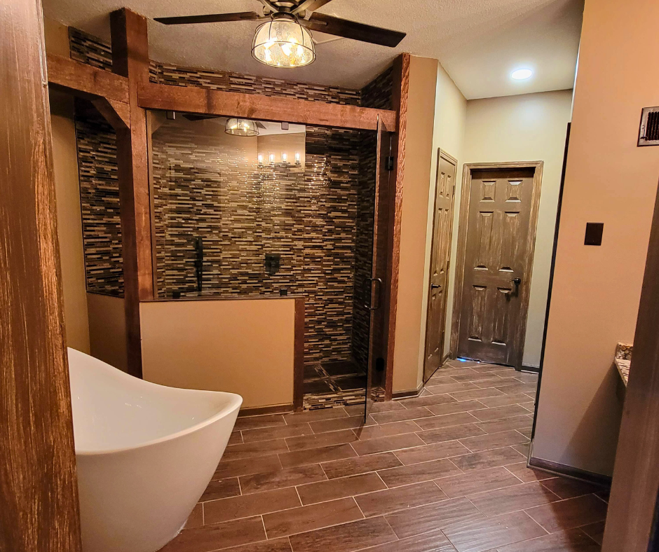 Newly tiled bathroom with newly installed toilet