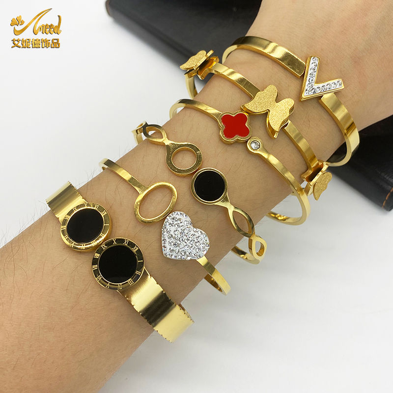 Miniature : Zirconia Charm Stainless Steel Bangles Bracelets for Women 18K Gold