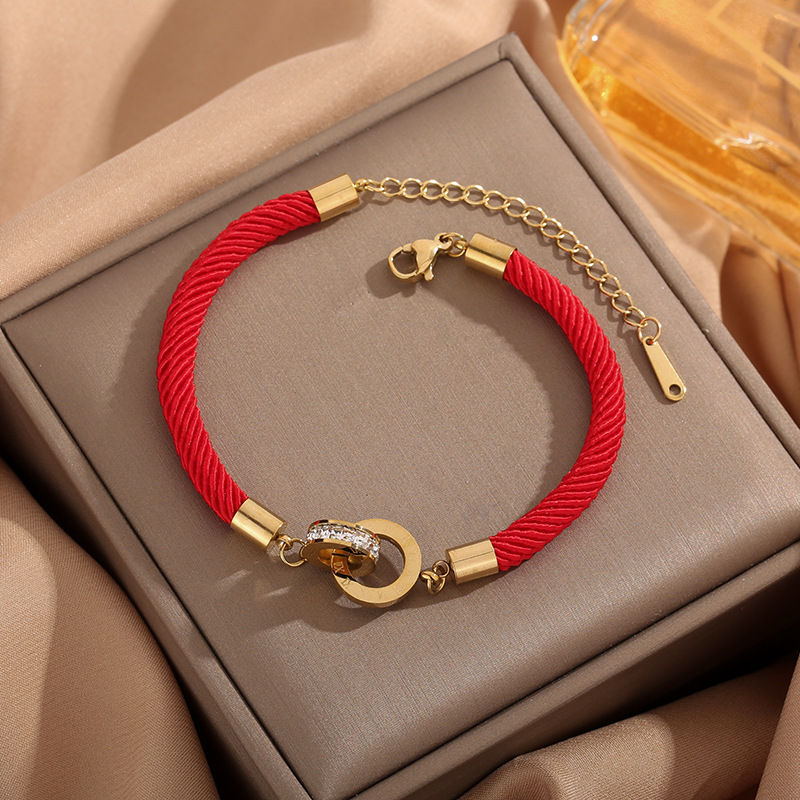 Miniature : Stainless Steel Bracelets Roman Number Interlock Circle Braided Lucky Red Rope F