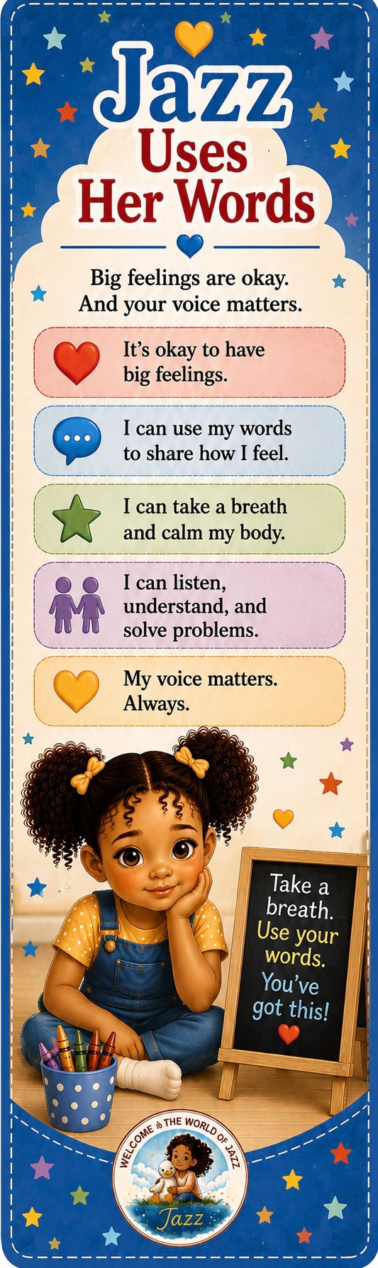 Jazz children's bookmark with positive affirmations about big feelings, kindness, confidence, and using your voice.