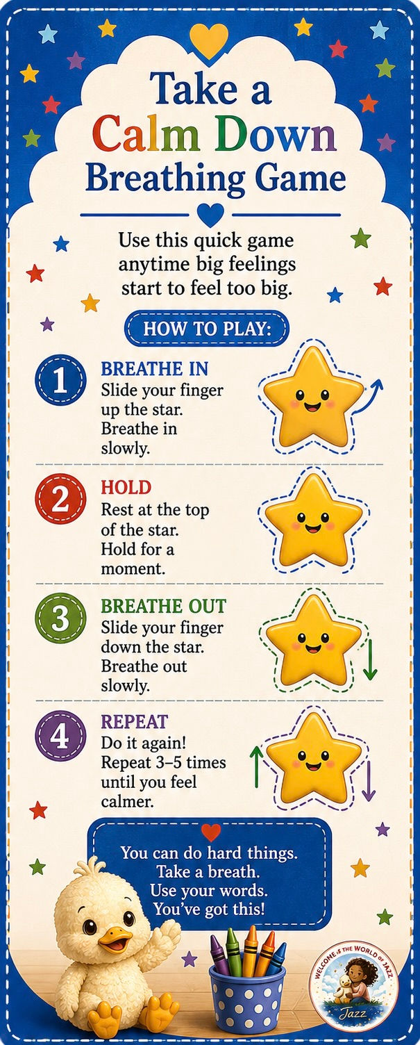 Calm down breathing game bookmark for children featuring four simple breathing steps and Loose Goose Magoo