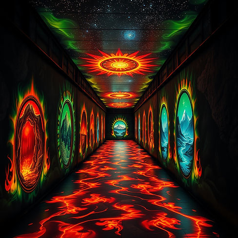 dark, covered alley with a glowing mural. mural depicts portals to different worlds, surro