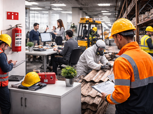 A health and safety consultant reviewing documentation alongside scenes of construction, warehousing, logistics and office environments, representing SME workplace safety compliance.