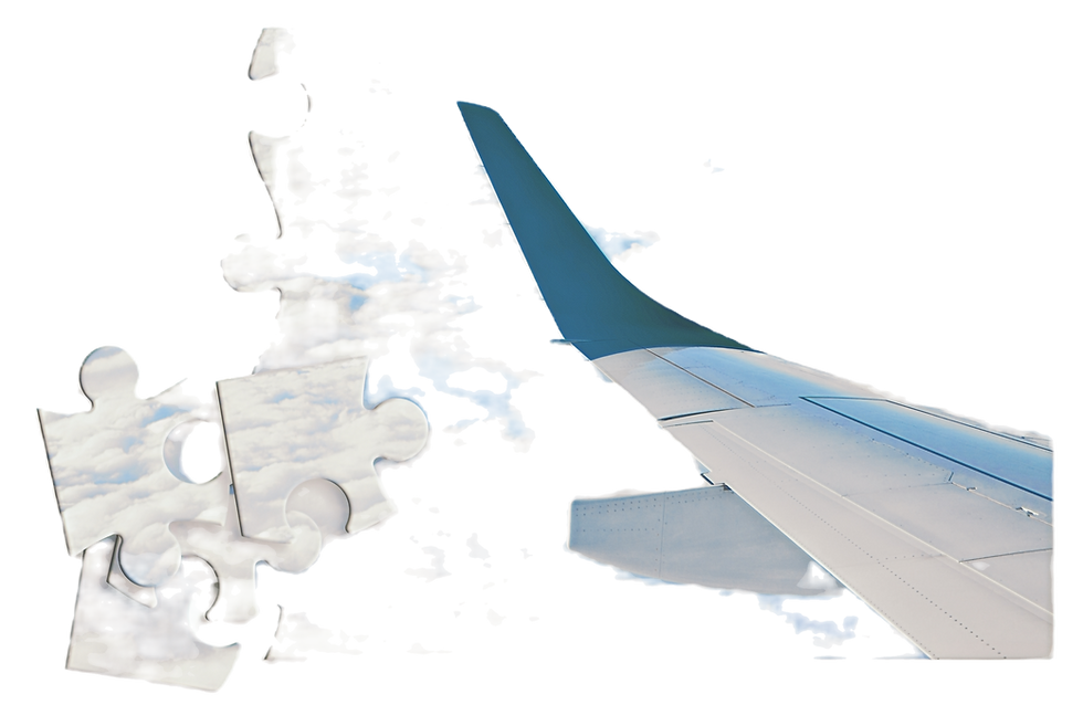 Airplane wing above the clouds in jigsaw puzzle shape - concept image which can mean_ over