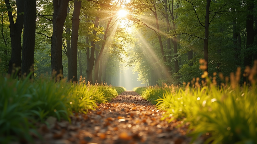 Eye-level view of a peaceful nature trail with soft sunlight filtering through trees