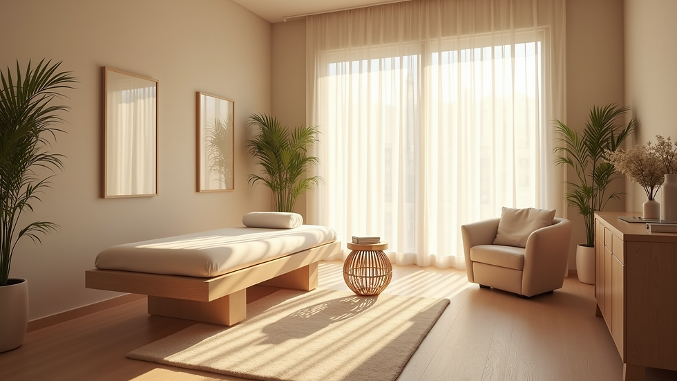 High angle view of a peaceful therapy room with soft lighting and comfortable seating