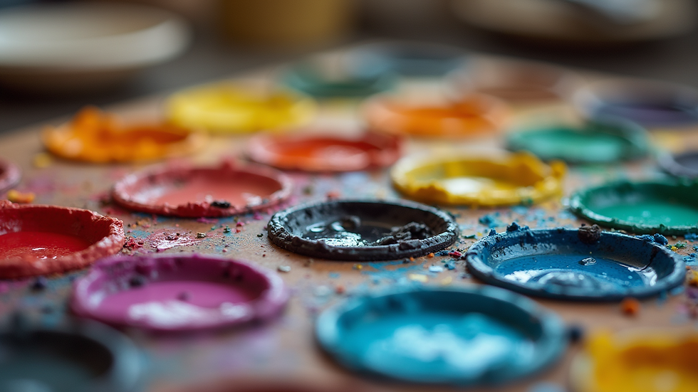 Eye-level view of a colorful palette with mixed paints