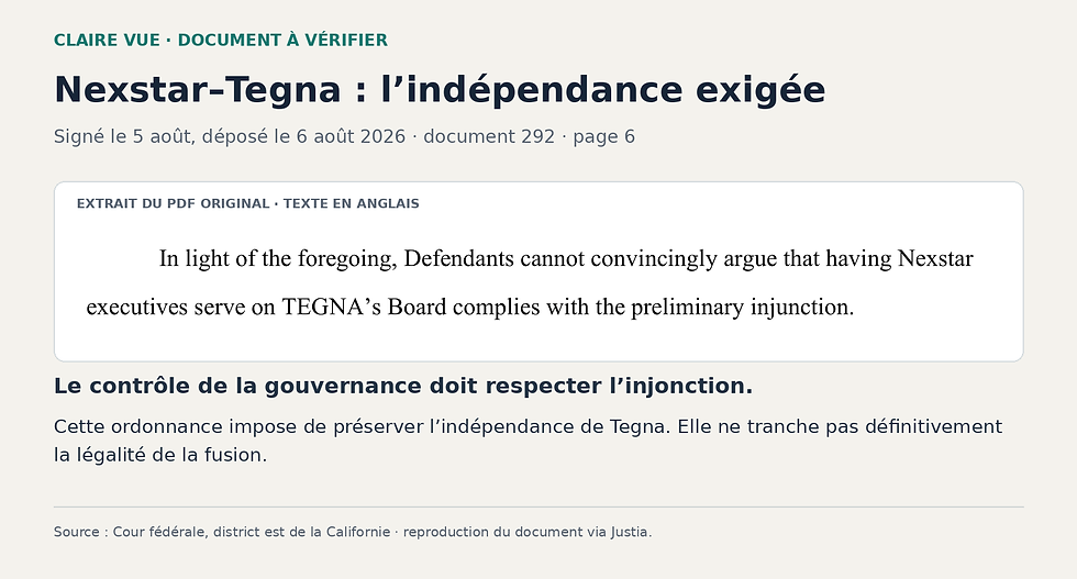 Extrait de l’ordonnance Nexstar–Tegna sur le respect de l’indépendance de Tegna pendant le litige.