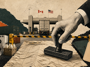 Montage éditorial montrant une main apposant un tampon douanier sur une facture devant un camion à la frontière Canada–États-Unis.