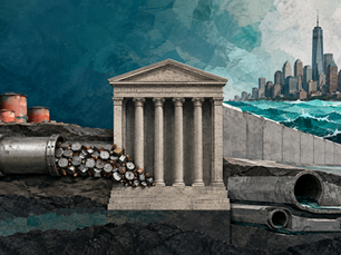 Illustration d’une infrastructure protégeant New York contre les inondations, dont le financement provenant de réservoirs pétroliers est bloqué par un palais de justice.