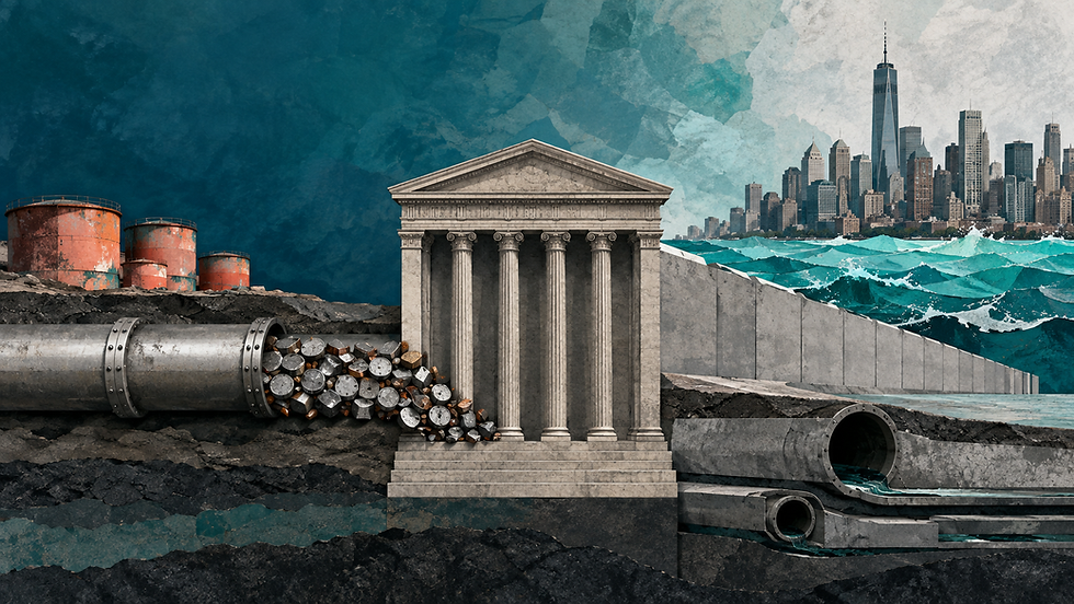 Illustration d’une infrastructure protégeant New York contre les inondations, dont le financement provenant de réservoirs pétroliers est bloqué par un palais de justice.