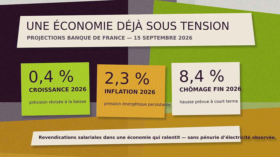 Projections françaises de 0,4 % de croissance, 2,3 % d’inflation et 8,4 % de chômage à la fin de 2026.