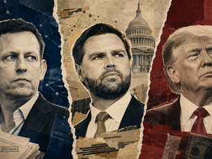 Montage éditorial de portraits distincts de Peter Thiel, JD Vance et Donald Trump.