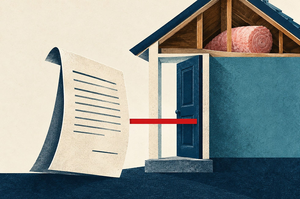 Une feuille de contrat devant une maison avec de l’isolant, arrêtée par une ligne rouge.