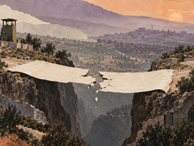 Illustration d’un cessez-le-feu en papier formant un pont brisé au-dessus d’un territoire fragmenté dans le Sud-Liban.