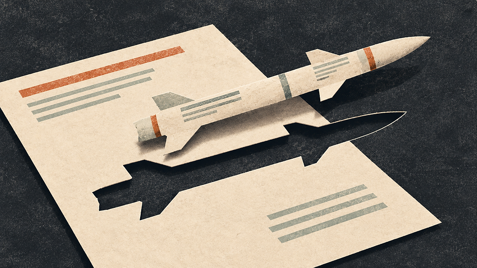 Silhouette d’un missile en papier découpée dans un document budgétaire, sur fond anthracite.