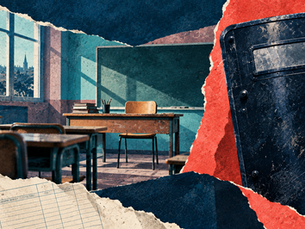 Un bouclier antiémeute masque une chaise d’enseignant vide dans une salle de classe illustrée