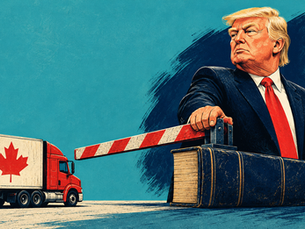 Illustration éditoriale : Donald Trump abaisse une barrière douanière posée sur un livre de droit devant un camion canadien.