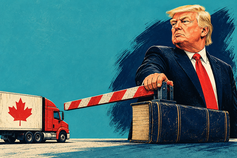 Illustration éditoriale : Donald Trump abaisse une barrière douanière posée sur un livre de droit devant un camion canadien.