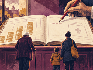 Illustration d’un grand registre budgétaire devant une famille et une personne âgée; une ligne demeure incomplète sous un crayon.