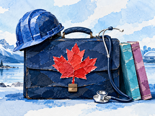 Mallette ornée d’une feuille d’érable, casque de chantier, livres et stéthoscope symbolisant l’emploi au Canada.