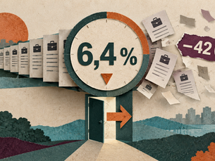Illustration d’un cadran de chômage figé à 6,4 % devant des fiches d’emploi qui disparaissent et une participation au travail en recul.