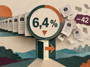 Illustration d’un cadran de chômage figé à 6,4 % devant des fiches d’emploi qui disparaissent et une participation au travail en recul.