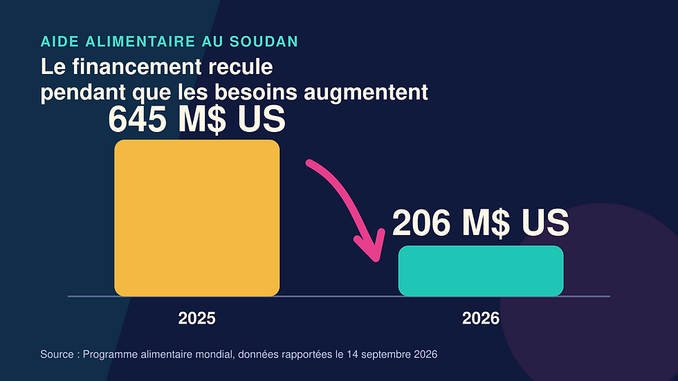 Graphique comparant 645 millions de dollars américains de financement alimentaire pour le Soudan en 2025 à 206 millions en 2026.