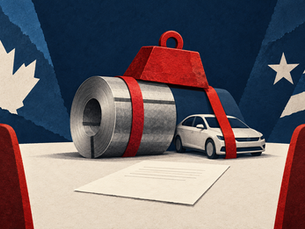 Une bobine d’acier et une voiture retenues par des sangles rouges devant une feuille non signée.