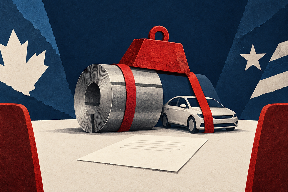 Une bobine d’acier et une voiture retenues par des sangles rouges devant une feuille non signée.
