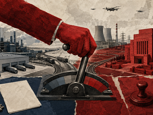 Illustration d’infrastructures russes passant d’une gestion privée à une administration temporaire de l’État sous la menace de drones.