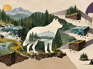 Illustration d’un habitat naturel retiré autour de la silhouette d’un animal protégé, devant des permis et des données économiques.