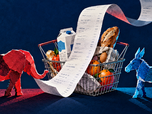 Collage d’un panier de courses et d’un long ticket, entre un éléphant rouge et un âne bleu.