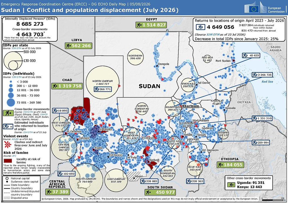 Carte du Soudan montrant les États, des déplacements de population et des mouvements vers les pays voisins, selon des données de juillet 2026.
