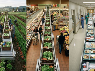 Illustration montrant un champ agricole, des produits emballés dans une épicerie et un hôpital reliés par une chaîne de production.