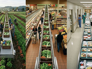 Illustration montrant un champ agricole, des produits emballés dans une épicerie et un hôpital reliés par une chaîne de production.