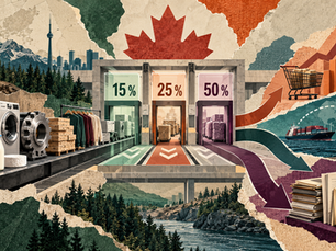 Collage éditorial montrant des marchandises américaines traversant trois portiques tarifaires de 15 %, 25 % et 50 % à la frontière canadienne.