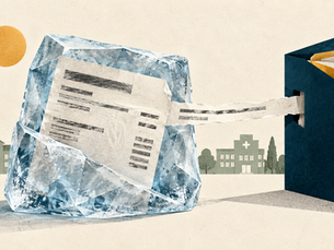 Illustration d’une fiche de paie prise dans la glace et reliée à un dossier budgétaire, devant une école et un hôpital.