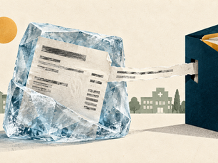 Illustration d’une fiche de paie prise dans la glace et reliée à un dossier budgétaire, devant une école et un hôpital.