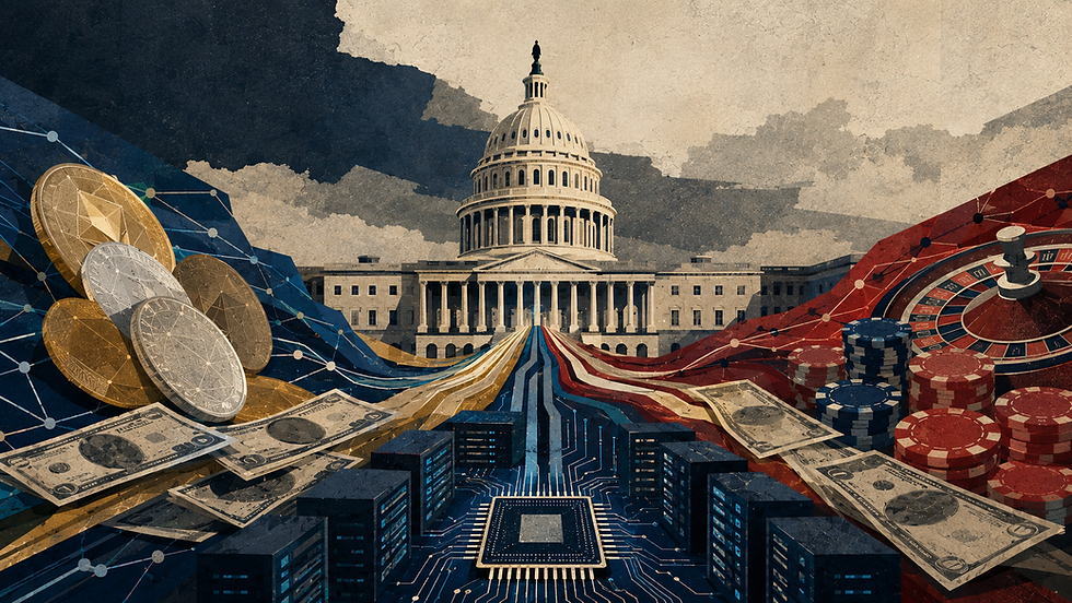 Infographie montrant des millions de dollars de dépenses politiques d’entreprises convergeant vers le Capitole américain, dont plusieurs millions provenant de la crypto, de la technologie et des paris en ligne.
